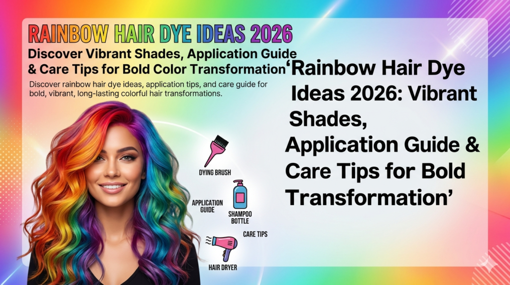 On the left, a smiling woman showcases stunning, long wavy rainbow-dyed hair featuring a smooth blend of red, orange, yellow, green, and blue shades. The background is a clean, bright gradient with colorful borders. Icons for a dye brush, shampoo bottle, and hair dryer illustrate sections for application guides and care tips. On the right, the bold text reads: 'Rainbow Hair Dye Ideas 2026: Vibrant Shades, Application Guide & Care Tips for Bold Transformation.'