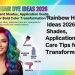 On the left, a smiling woman showcases stunning, long wavy rainbow-dyed hair featuring a smooth blend of red, orange, yellow, green, and blue shades. The background is a clean, bright gradient with colorful borders. Icons for a dye brush, shampoo bottle, and hair dryer illustrate sections for application guides and care tips. On the right, the bold text reads: 'Rainbow Hair Dye Ideas 2026: Vibrant Shades, Application Guide & Care Tips for Bold Transformation.'