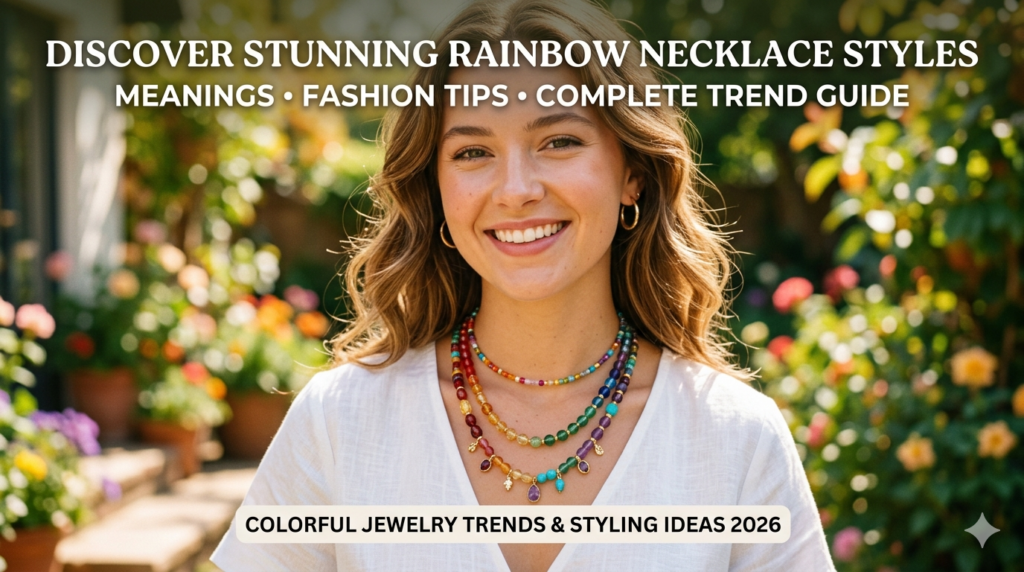 A woman smiling and wearing a layered beaded rainbow necklace, representing the top rainbow necklace styles and trends of 2026.