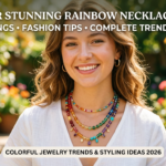 A woman smiling and wearing a layered beaded rainbow necklace, representing the top rainbow necklace styles and trends of 2026.