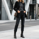 Woman wearing black STAUD Wally Boots with dark denim jeans, a grey sweater, and a black blazer on a city street.
