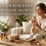 17 sandalwood scents guide featuring a woman enjoying luxury fragrance oil next to a diffuser and candles in a calm living room