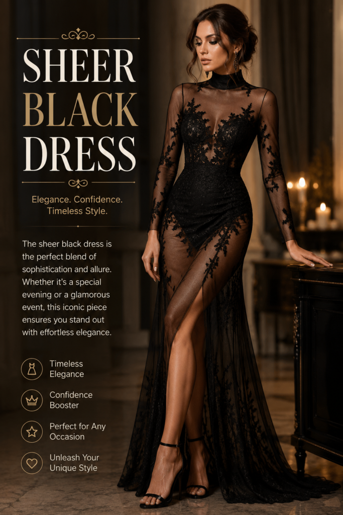Elegant woman wearing a sheer black dress with lace detailing and transparent fabric, showcasing timeless sophistication and modern evening fashion style.