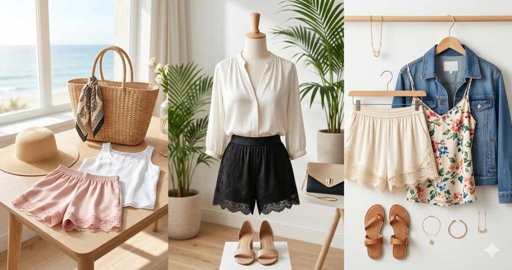 Elegant silk lace shorts outfit ideas for a summer wardrobe upgrade.