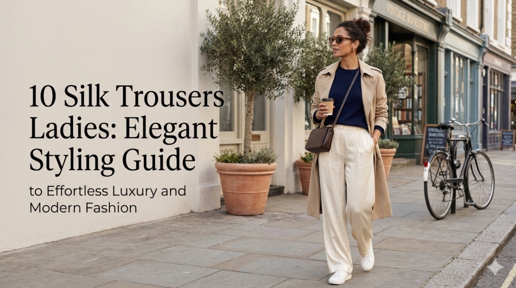 A chic woman in cream-colored wide-leg silk trousers, a navy top, and a beige trench coat walks confidently down a European city street, holding a coffee cup. A bicycle is parked nearby, and text reads: "10 Silk Trousers Ladies: Elegant Styling Guide