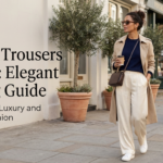 A chic woman in cream-colored wide-leg silk trousers, a navy top, and a beige trench coat walks confidently down a European city street, holding a coffee cup. A bicycle is parked nearby, and text reads: "10 Silk Trousers Ladies: Elegant Styling Guide