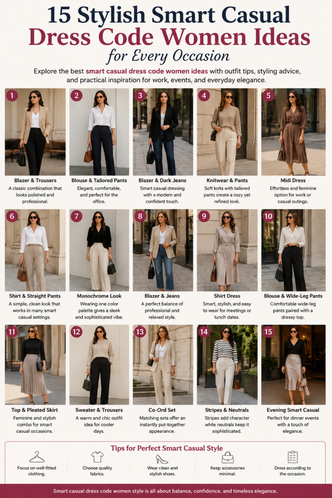 15 Stylish Smart Casual Dress Code Women Ideas for Every Occasion infographic featuring professional women's outfits including blazers, tailored trousers, midi dresses, knitwear, dark jeans, and smart casual fashion combinations for work, business meetings, dinners, and everyday wear.