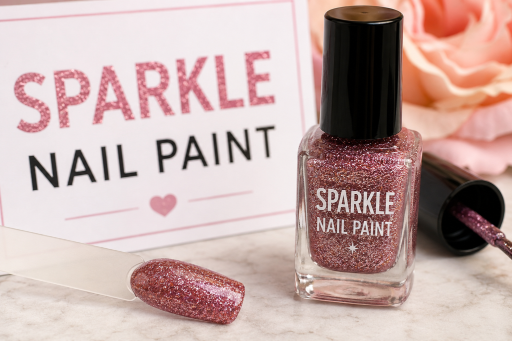 A close-up cosmetic scene featuring a glittery sparkle nail paint bottle with rose-gold shimmer polish and a matching swatch stick on a soft floral background.
