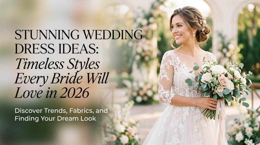 A smiling bride wearing a stunning wedding dress with intricate lace sleeves, holding a white rose bouquet at an outdoor 2026 wedding venue.