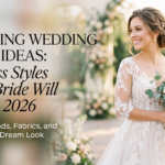 A smiling bride wearing a stunning wedding dress with intricate lace sleeves, holding a white rose bouquet at an outdoor 2026 wedding venue.