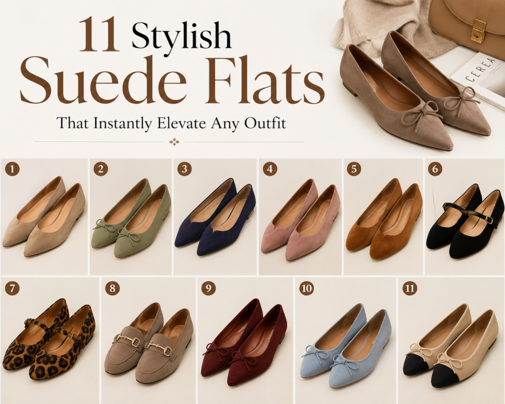 11 stylish suede flats displayed in a fashion collage featuring elegant pointed-toe, ballet, loafer, and Mary Jane suede flats in various colors, showcasing versatile footwear that instantly elevates any outfit.
