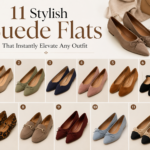 11 stylish suede flats displayed in a fashion collage featuring elegant pointed-toe, ballet, loafer, and Mary Jane suede flats in various colors, showcasing versatile footwear that instantly elevates any outfit.