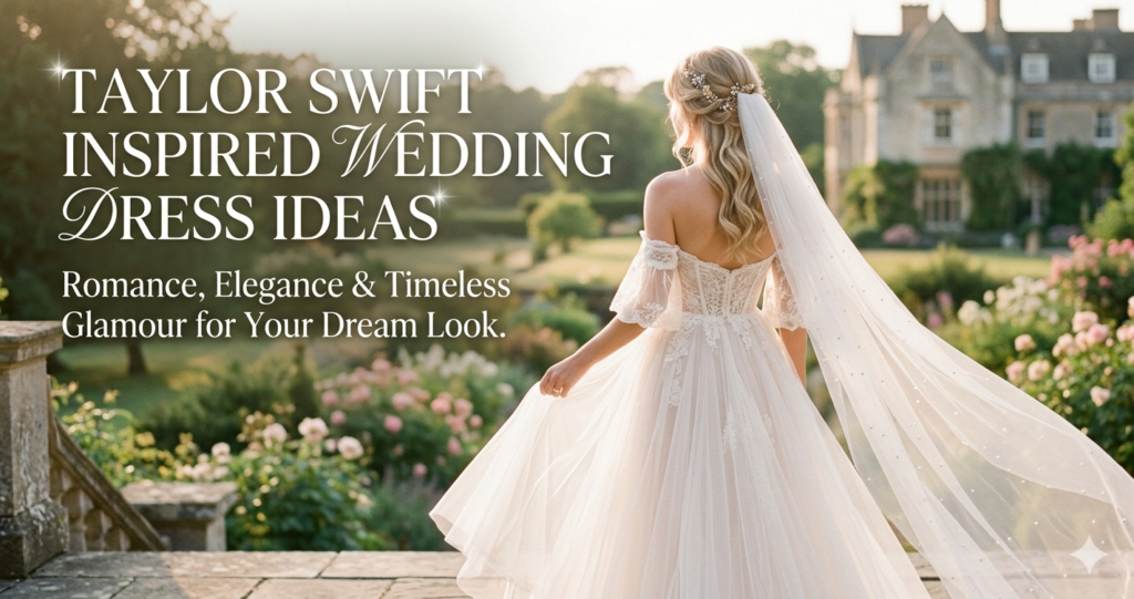 Taylor Swift wedding dress ideas featuring elegant romantic bridal styles including lace gowns, satin dresses, and fairytale-inspired wedding dresses.