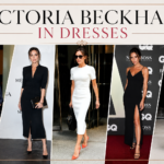 Victoria Beckham in dresses showcasing elegant minimalist fashion looks in black, white, and neutral tones on a red carpet and event settings.
