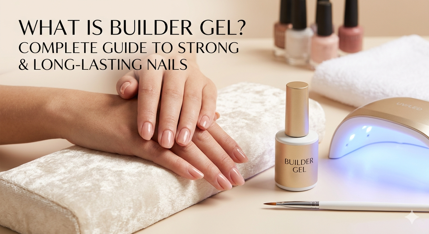 Close-up of glossy, natural-looking manicured nails resting on a salon armrest next to a gold builder gel bottle and a UV LED nail lamp.