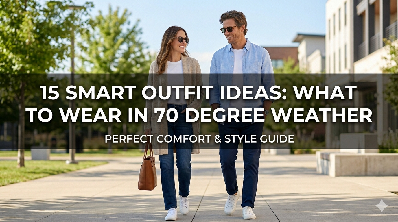 Couple walking outdoors wearing casual 70 degree weather layers including a long beige knit cardigan and light blue button-down shirt.