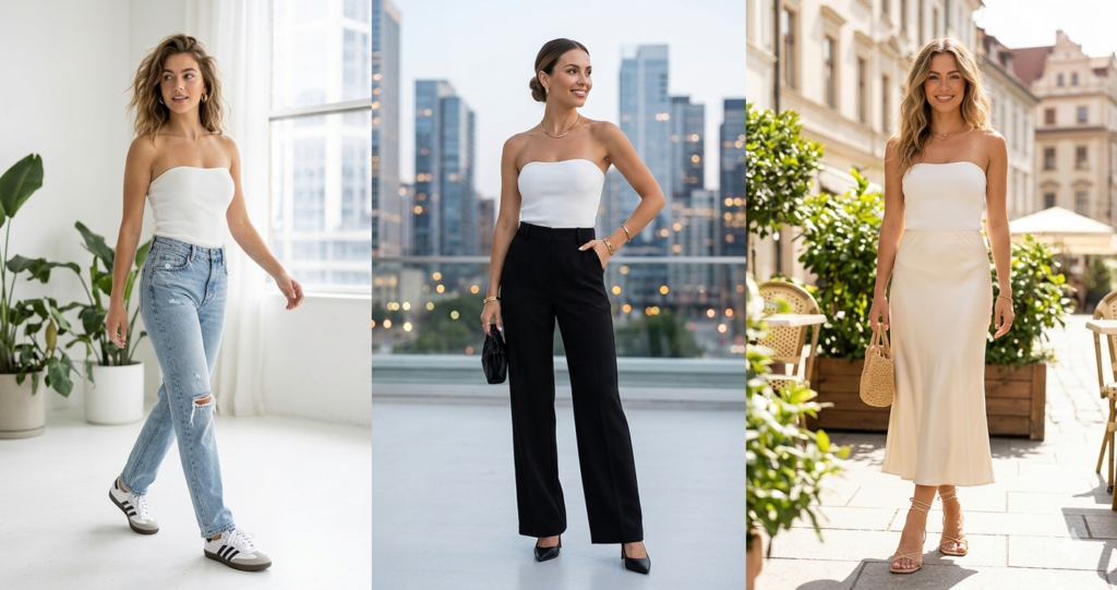 Three-panel fashion guide showing how to style a white strapless top for casual, elegant, and party looks.