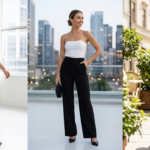 Three-panel fashion guide showing how to style a white strapless top for casual, elegant, and party looks.