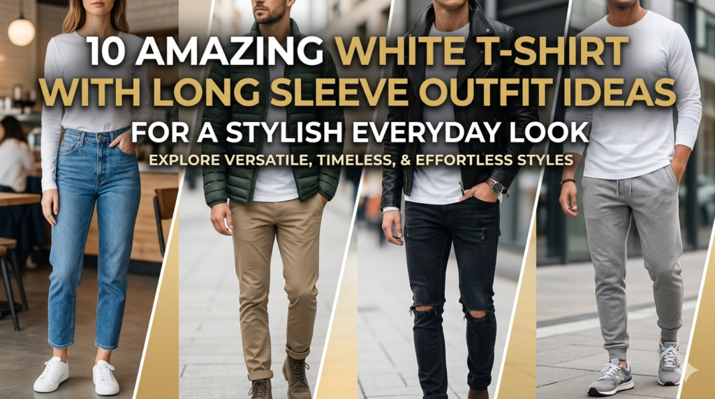 A collage of diverse men and women showcasing 10 different ways to style a classic white t shirt with long sleeve, including casual denim looks, smart jackets, and layered street fashion.