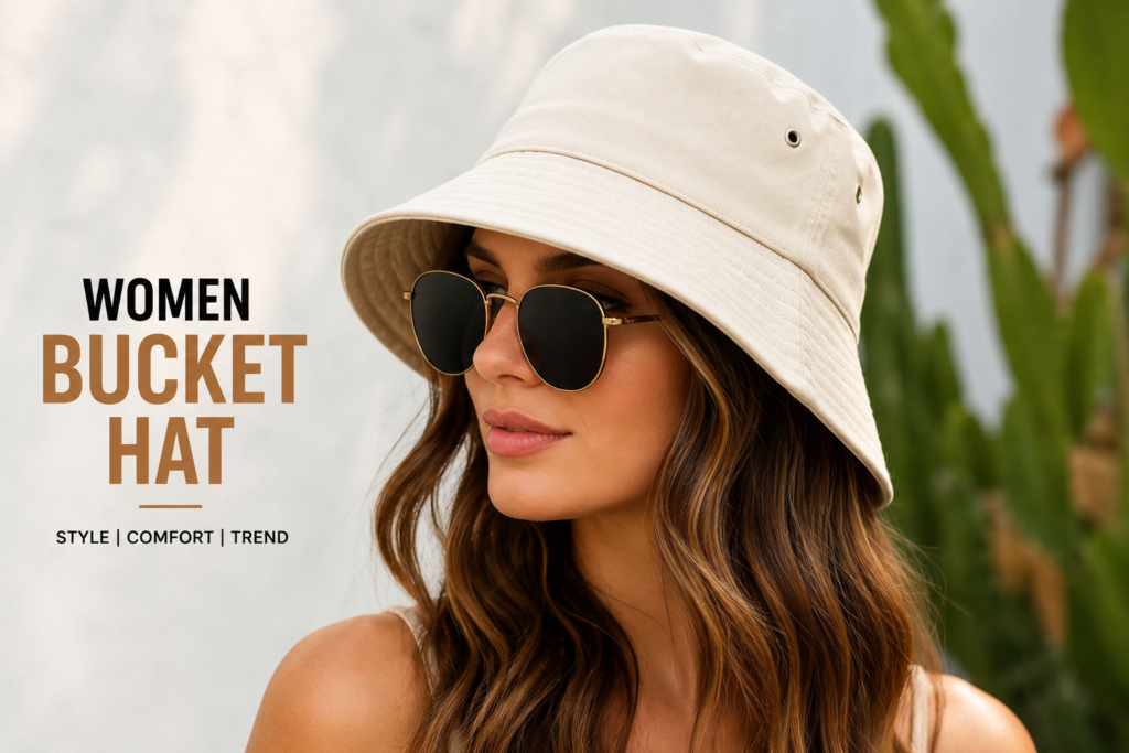 A stylish outdoor fashion portrait of a young woman wearing a cream women bucket hat and sunglasses, showcasing a modern trendy look with soft natural lighting and a blurred green background.