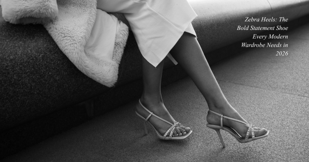 Elegant zebra heels in black and white zebra print, styled with a chic minimal outfit in a modern fashion street photography setting.