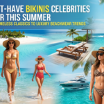 A collage of celebrity-inspired summer bikini trends for a WordPress featured image. It showcases models wearing a minimalist black triangle bikini, a glamorous luxury metallic gold bikini, a vintage high-waisted red polka dot bikini, a bold leopard print bikini, and a clean white ribbed fabric bikini. The background features a luxury yacht, a tropical island, and a private pool, with the article title '17 Must-Have Bikinis Celebrities Wear This Summer' overlaid on top.