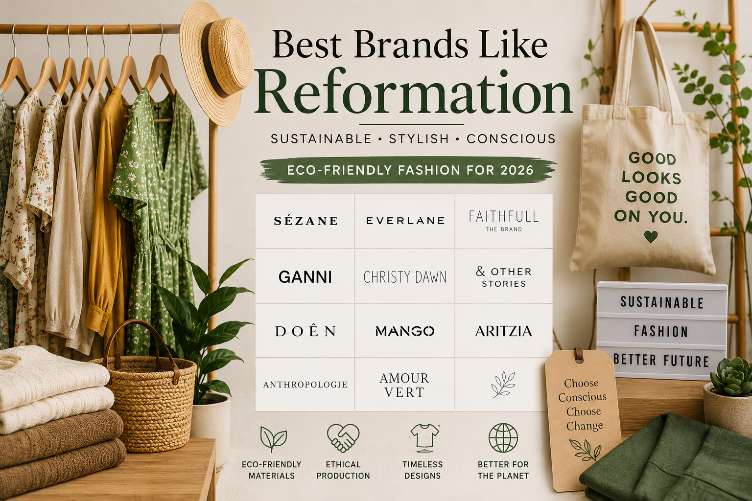Sustainable fashion display featuring eco-friendly clothing, natural fabrics, and popular brands like Reformation alternatives, including Sézane, Everlane, GANNI, Doên, and Mango, promoting ethical and stylish fashion choices for 2026.