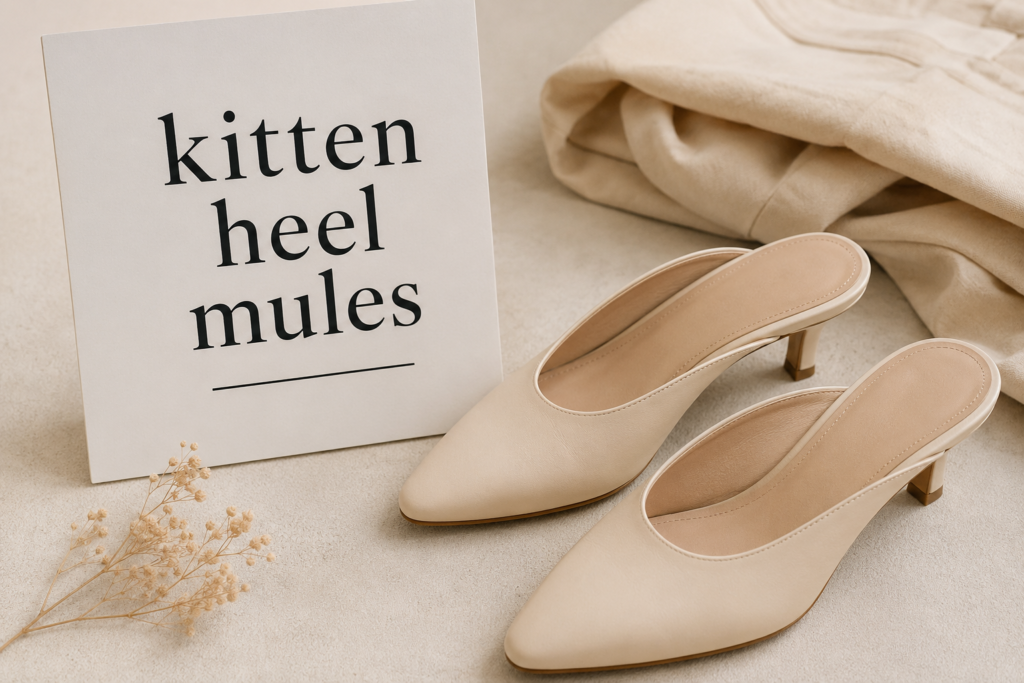 Elegant minimal flat lay featuring stylish kitten heel mules with soft neutral tones, showcasing kitten heel mules as a timeless fashion footwear choice.