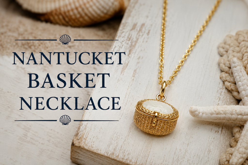 Nantucket basket necklace gold pendant featuring woven basket design on coastal beach background, elegant Nantucket basket necklace jewelry close-up.