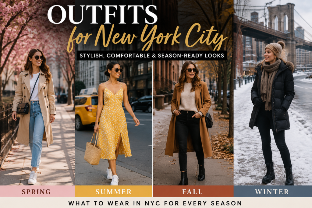 15 stylish outfits for New York City street fashion guide showing seasonal looks for spring, summer, fall, and winter.