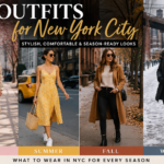 15 stylish outfits for New York City street fashion guide showing seasonal looks for spring, summer, fall, and winter.