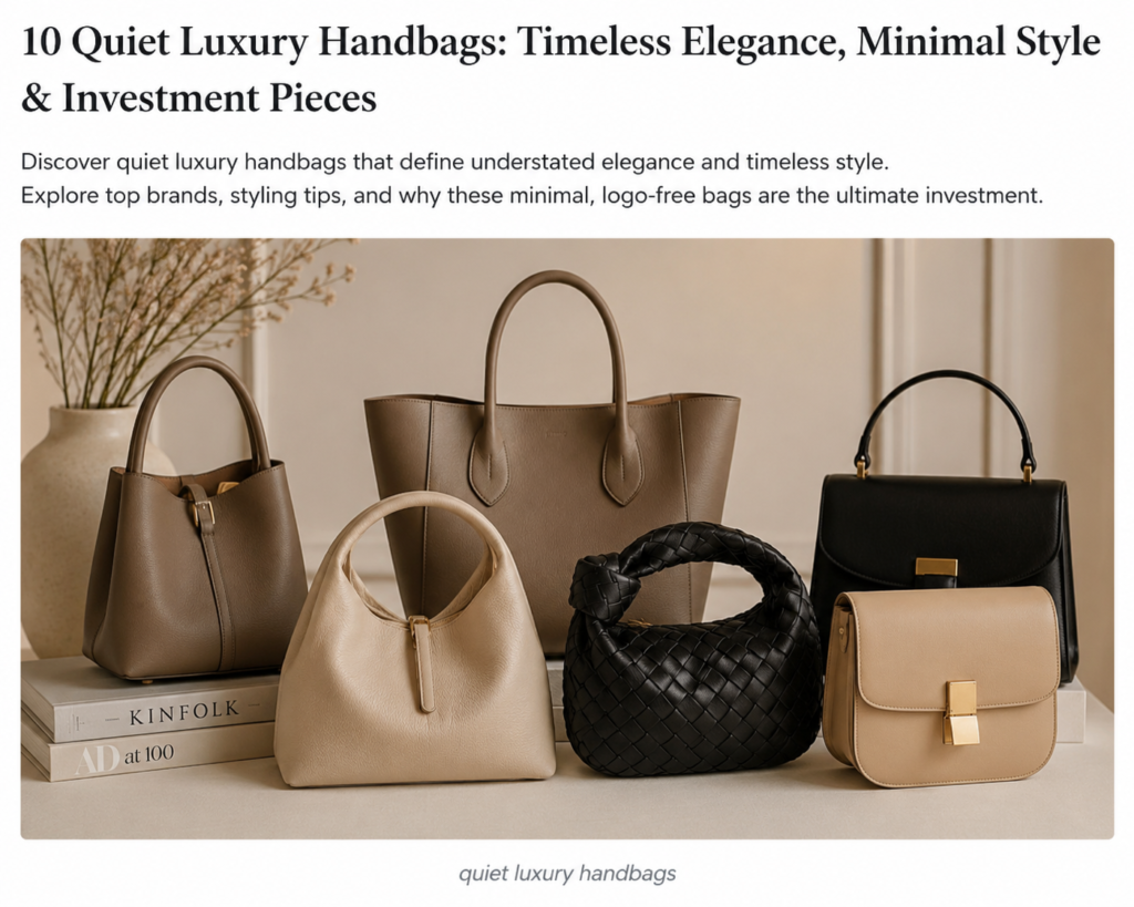 Elegant quiet luxury handbags featuring timeless craftsmanship, minimalist design, and premium leather materials.
