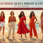 Red for Summer: Bold, Bright & Effortless Style Guide." The image features seven realistic models on a golden sunset beach showcasing different summer outfit ideas: a coral maxi dress, red tee with white denim shorts, office-ready blouse with neutral trousers, a flowing red evening dress, an orange-red jumpsuit, a tropical swimsuit with a white cover-up, and a dark red midi skirt.