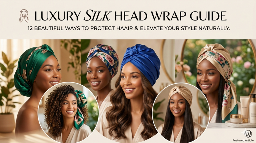 Luxury Silk Head Wrap Guide' showcasing diverse women wearing elegant silk head wraps in various styles like turbans and hair scarves to protect curly, textured, and straight hair.