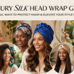 Luxury Silk Head Wrap Guide' showcasing diverse women wearing elegant silk head wraps in various styles like turbans and hair scarves to protect curly, textured, and straight hair.