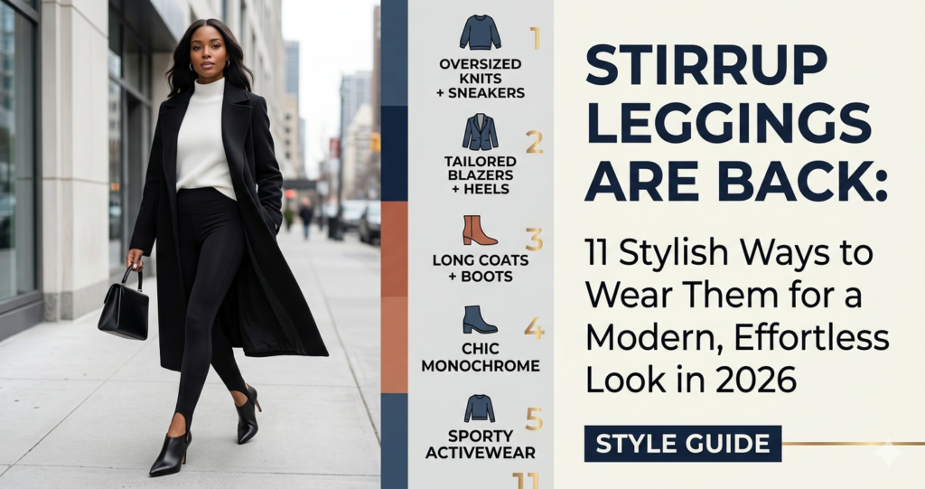 Modern fashion style guide banner for WordPress showing a woman walking on a city street wearing black stirrup leggings with heels, a white turtleneck, and a long black coat. The right side features text titled 'STIRRUP LEGGINGS ARE BACK: 11 Stylish Ways to Wear Them for a Modern, Effortless Look in 2026' with a graphic style guide checklist.