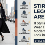Modern fashion style guide banner for WordPress showing a woman walking on a city street wearing black stirrup leggings with heels, a white turtleneck, and a long black coat. The right side features text titled 'STIRRUP LEGGINGS ARE BACK: 11 Stylish Ways to Wear Them for a Modern, Effortless Look in 2026' with a graphic style guide checklist.