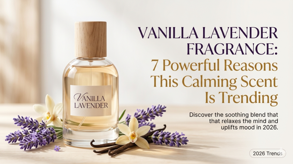 Elegant perfume bottle on a wooden table surrounded by fresh purple lavender flowers, vanilla beans, and vanilla orchids, featuring the headline "Vanilla Lavender Fragrance" for a 2026 wellness beauty blog.