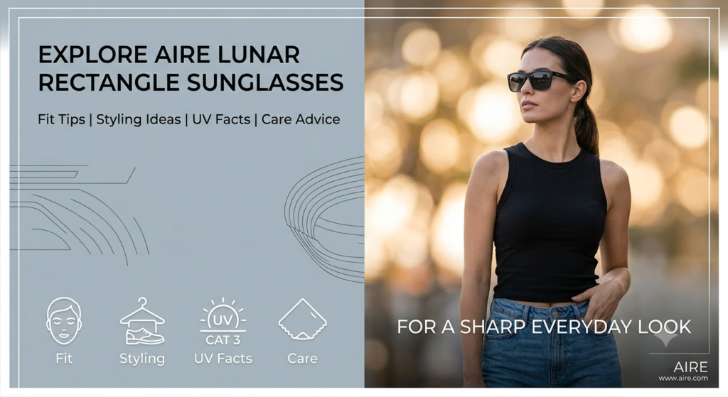 AIRE Lunar rectangle sunglasses featured image with model styling and feature icons.