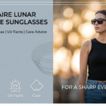 AIRE Lunar rectangle sunglasses featured image with model styling and feature icons.