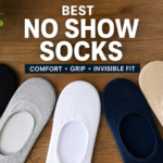 Best No Show Socks displayed in a clean flat lay featuring black, gray, white, navy, and beige invisible socks on a wooden background, highlighting comfort, grip, and invisible fit for everyday wear.