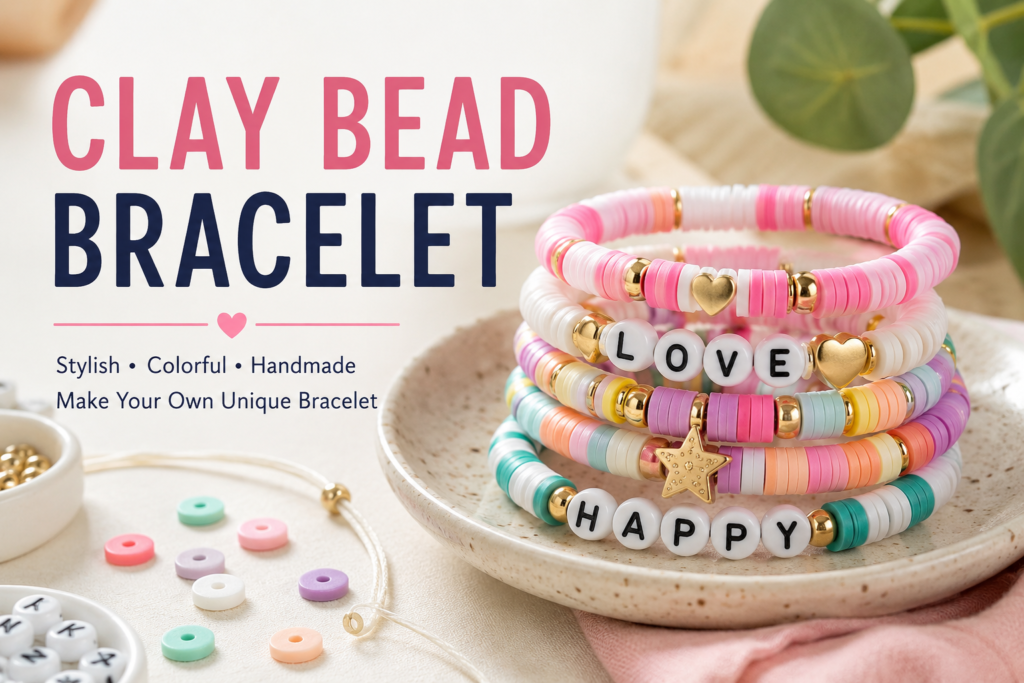 Colorful handmade clay bead bracelet stack with pastel beads, gold charms, and bold “Clay Bead Bracelet” text on a clean craft background.
