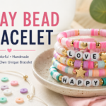 Colorful handmade clay bead bracelet stack with pastel beads, gold charms, and bold “Clay Bead Bracelet” text on a clean craft background.