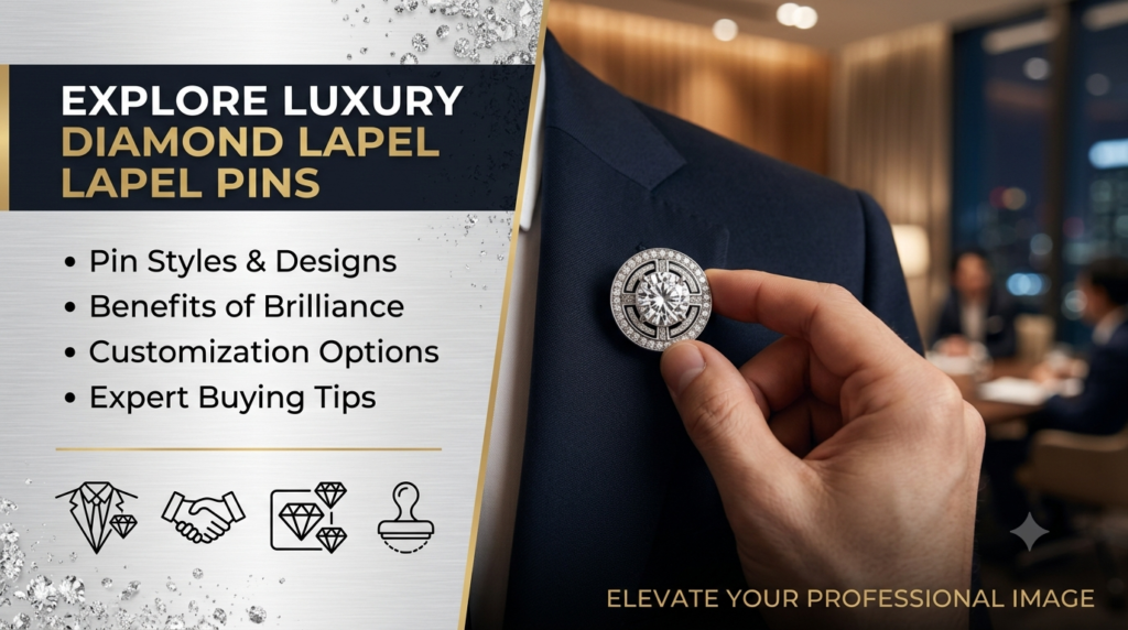 Diamond lapel pin with a polished silver finish for formal suits and business attire.