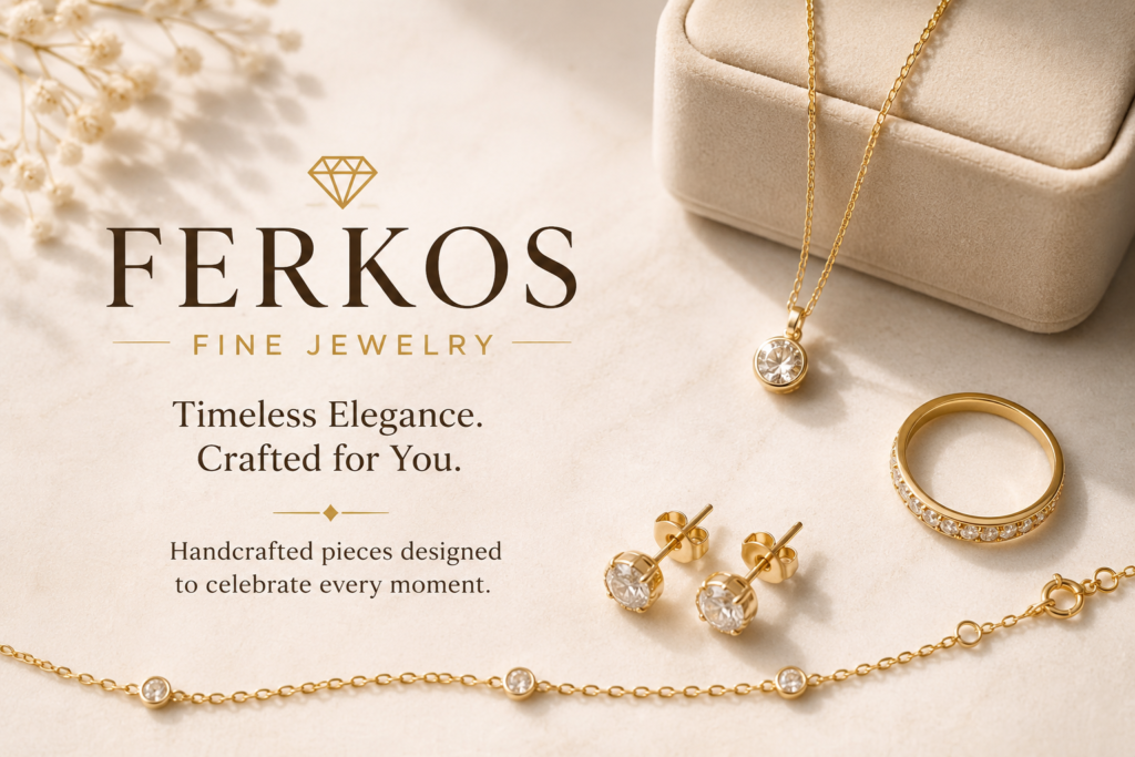 Ferkos Fine Jewelry featured image showcasing elegant minimalist gold jewelry including a diamond necklace, ring, earrings, and bracelet with the title "Ferkos Fine Jewelry" on a luxury beige background.