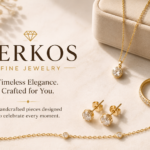 Ferkos Fine Jewelry featured image showcasing elegant minimalist gold jewelry including a diamond necklace, ring, earrings, and bracelet with the title "Ferkos Fine Jewelry" on a luxury beige background.
