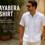 Guayabera shirt in classic white linen with traditional pleats and four pockets, worn by a man in a stylish outdoor setting, showcasing timeless summer fashion.