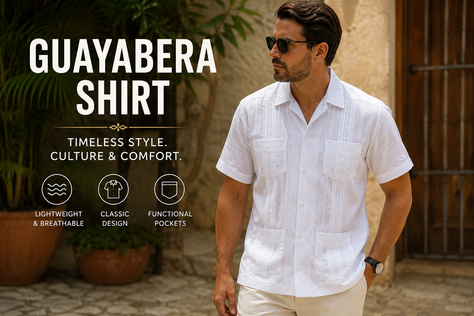 Guayabera shirt in classic white linen with traditional pleats and four pockets, worn by a man in a stylish outdoor setting, showcasing timeless summer fashion.