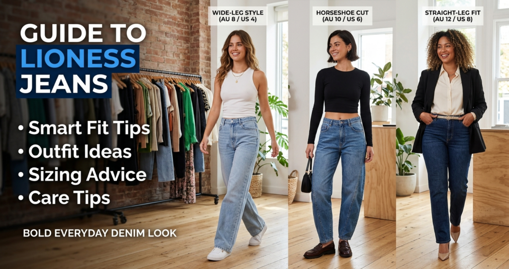 Three women showcasing different styles of Lioness jeans—wide-leg, horseshoe cut, and straight-leg fit—in a bright studio, illustrating a comprehensive denim style, sizing, and care guide.