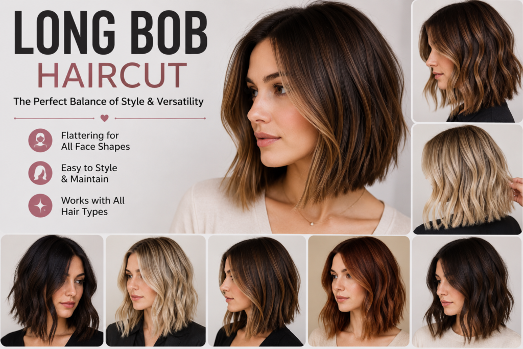 A woman with a stylish long bob haircut featuring shoulder-length hair, soft layers, and a modern finish, showcasing one of the most versatile and trendy hairstyles of 2026.